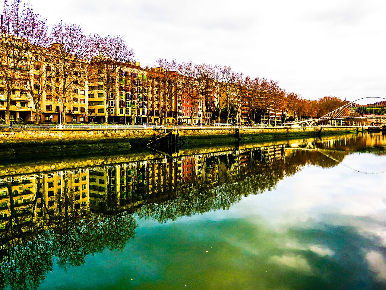 The river and the bridge crossing central Bilbao